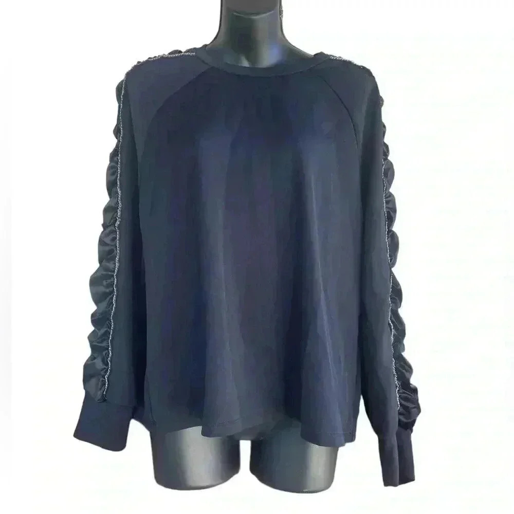 Calligraphie women’s black top blouse embellished sleeves Size L NWOT